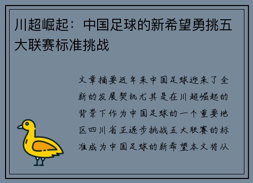 川超崛起：中国足球的新希望勇挑五大联赛标准挑战
